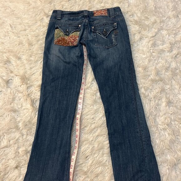 Miss Me Y2K Flare Jeans 2/3 Low Rise Paisley Print Corduroy Pockets Medium Wash - Picture 2 of 7